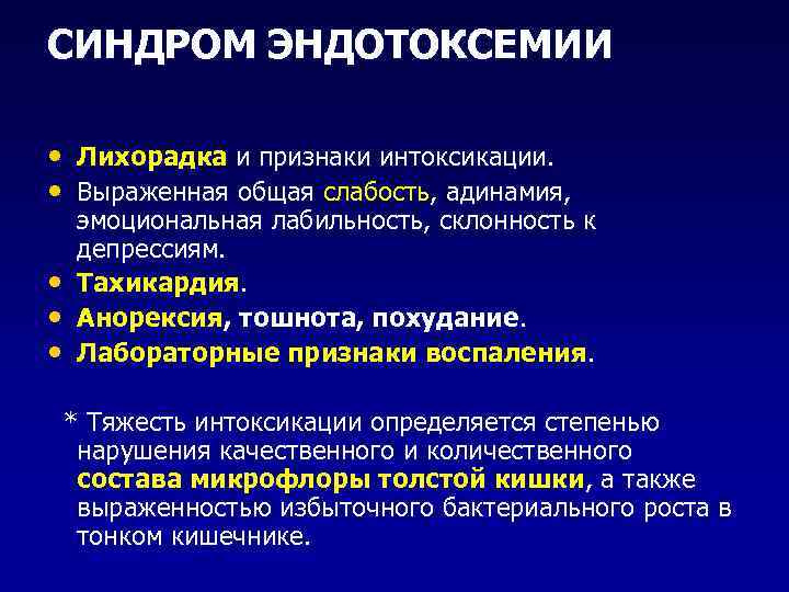 СИНДРОМ ЭНДОТОКСЕМИИ  • Лихорадка и признаки интоксикации.  • Выраженная общая слабость, адинамия,