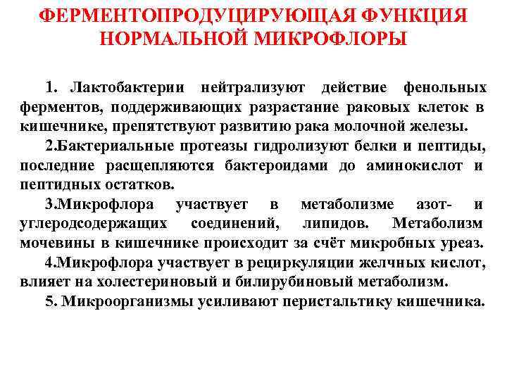 ФЕРМЕНТОПРОДУЦИРУЮЩАЯ ФУНКЦИЯ  НОРМАЛЬНОЙ МИКРОФЛОРЫ  1. Лактобактерии нейтрализуют действие фенольных ферментов, 