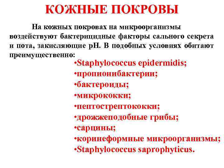    КОЖНЫЕ ПОКРОВЫ  На кожных покровах на микроорганизмы воздействуют бактерицидные факторы