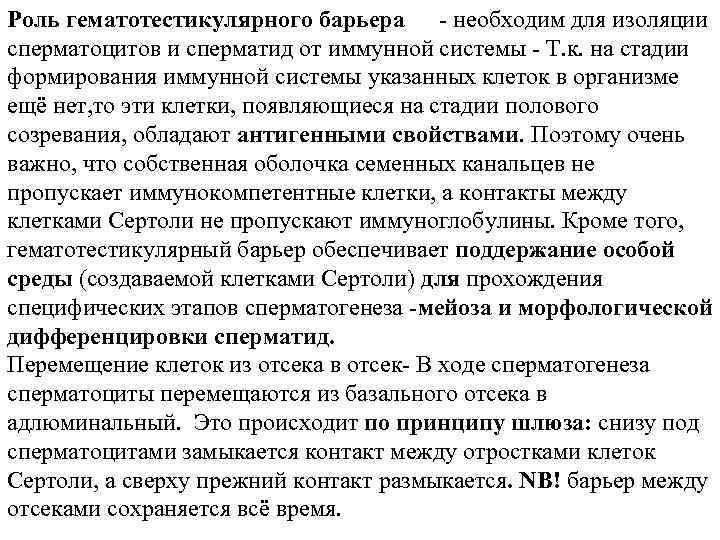 Роль гематотестикулярного барьера - необходим для изоляции сперматоцитов и сперматид от иммунной системы - Роль гематотестикулярного барьера - необходим для изоляции сперматоцитов и сперматид от иммунной системы -