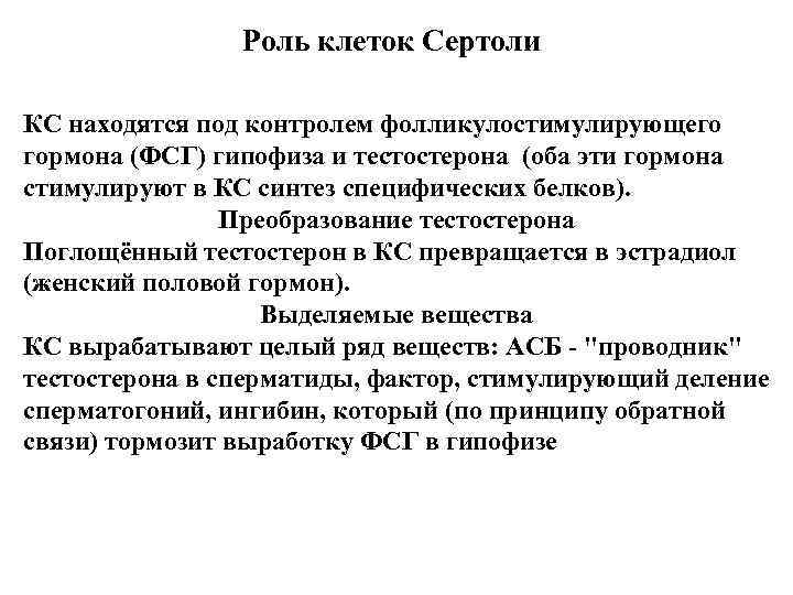 Роль клеток Сертоли КС находятся под контролем фолликулостимулирующего гормона (ФСГ) Роль клеток Сертоли КС находятся под контролем фолликулостимулирующего гормона (ФСГ)