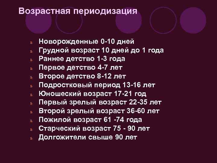 Возрастная периодизация ь ь ь Новорожденные 0 -10 дней Грудной возраст 10 дней до
