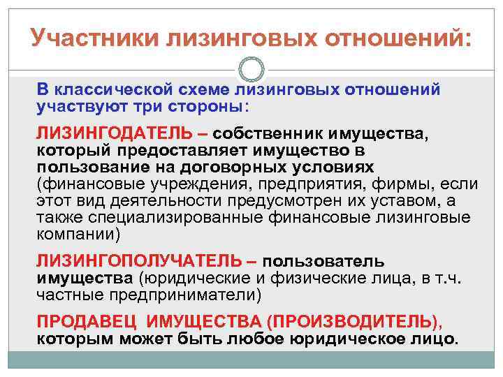 Участники лизинговых отношений: В классической схеме лизинговых отношений участвуют три стороны: ЛИЗИНГОДАТЕЛЬ – собственник