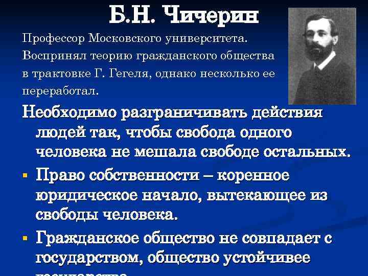    Б. Н. Чичерин Профессор Московского университета. Воспринял теорию гражданского общества в