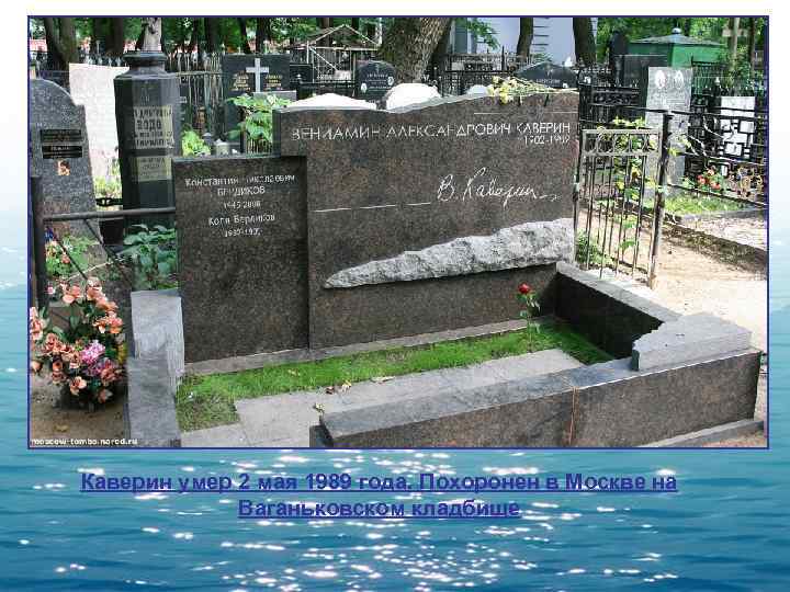 Каверин умер 2 мая 1989 года. Похоронен в Москве на   Ваганьковском кладбище