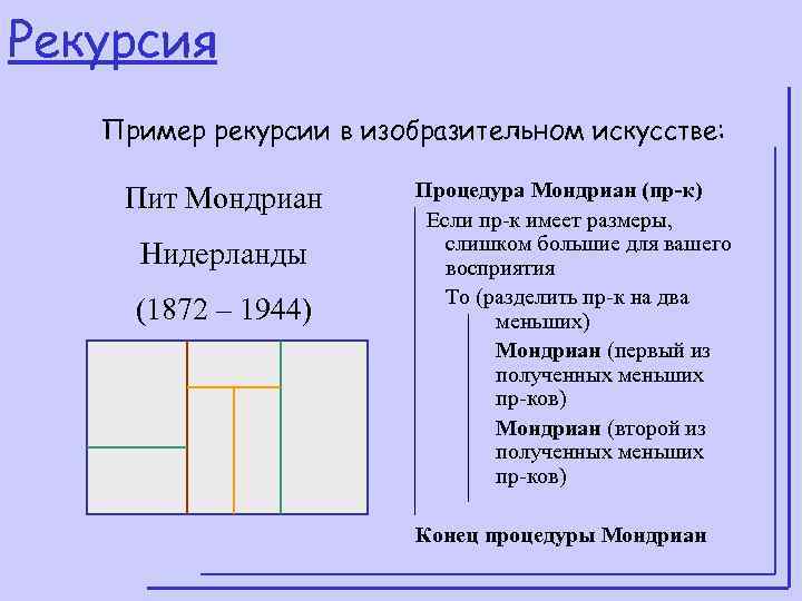 Рекурсия  Пример рекурсии в изобразительном искусстве:  Пит Мондриан   Процедура Мондриан