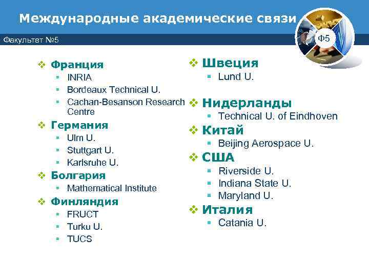   Международные академические связи Факультет № 5     Ф 5