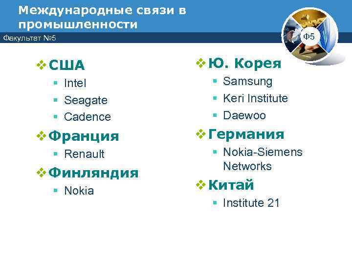   Международные связи в  промышленности Факультет № 5    
