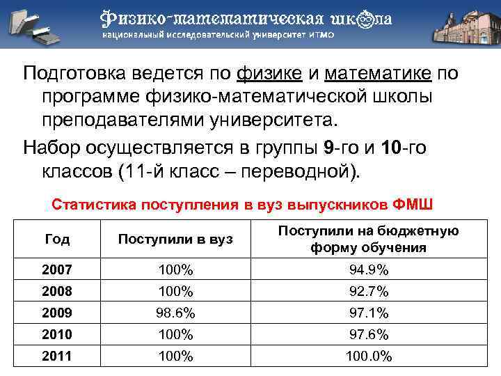 Подготовка ведется по физике и математике по программе физико-математической школы преподавателями университета. Набор осуществляется