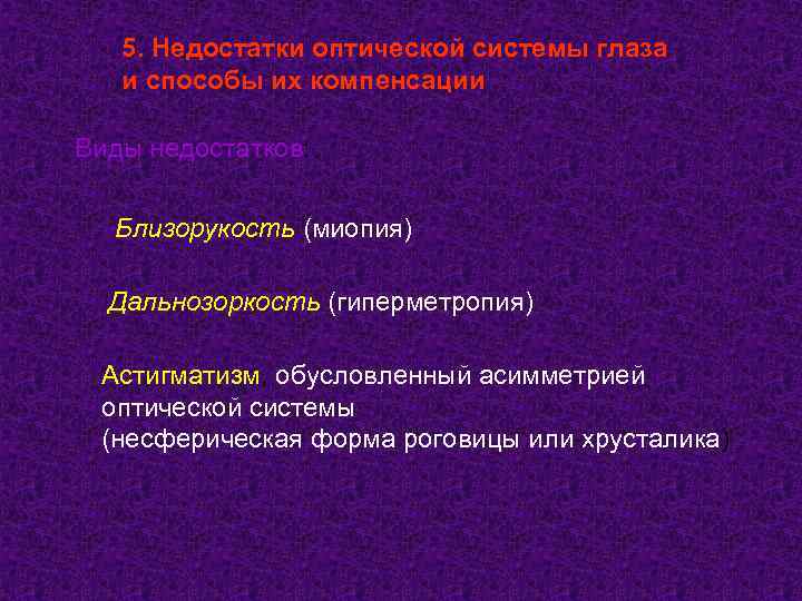   5. Недостатки оптической системы глаза  и способы их компенсации Виды недостатков: