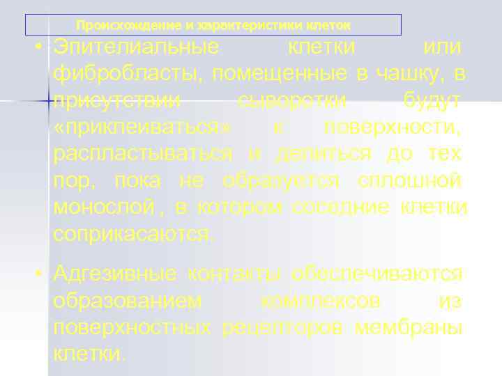  Происхождение и характеристики клеток • Эпителиальные  клетки или  фибробласты, 