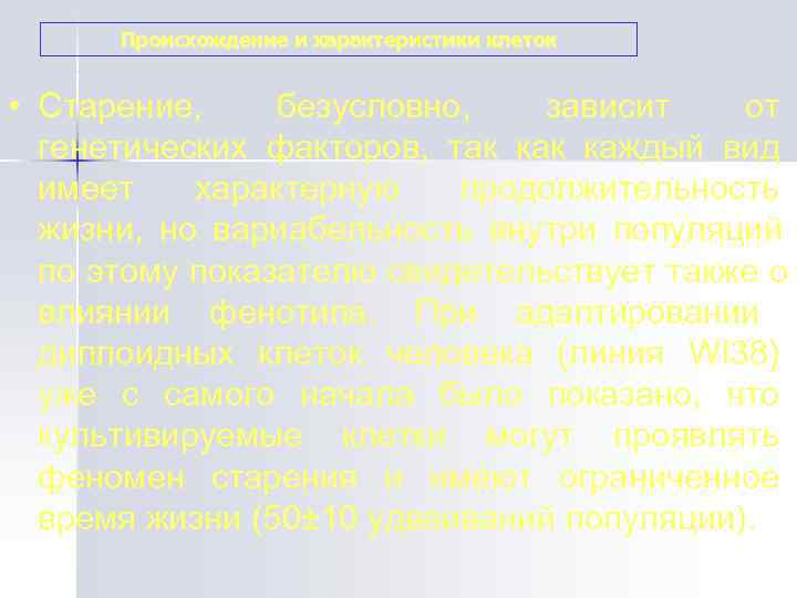 Происхождение и характеристики клеток  • Старение,  безусловно,  зависит от 