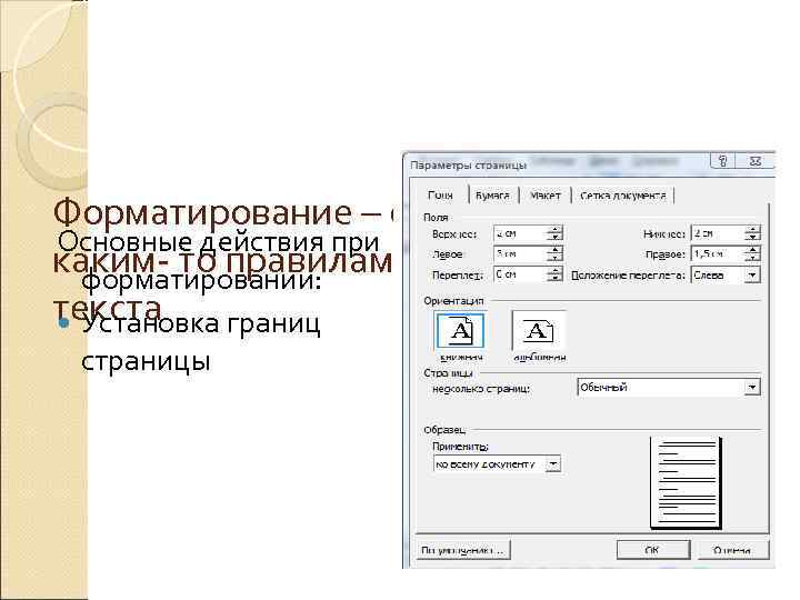 Форматирование – оформление по Основные действия при каким- то правилам различных участков  форматировании: