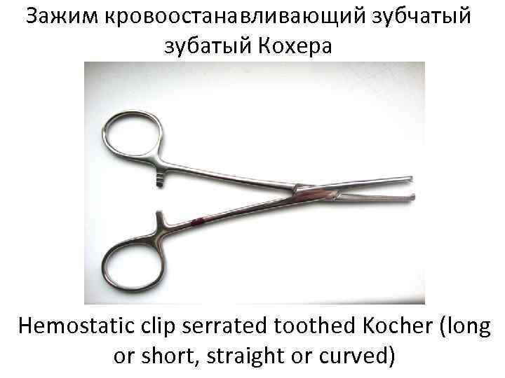 Зажим кровоостанавливающий зубчатый  зубатый Кохера Hemostatic clip serrated toothed Kocher (long  or