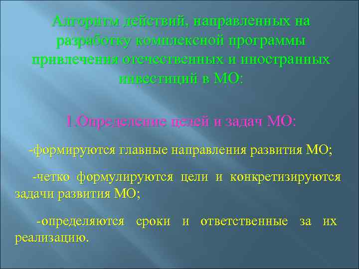   Алгоритм действий, направленных на  разработку комплексной программы  привлечения отечественных и