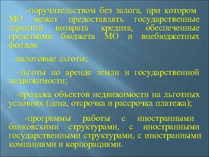   -поручительством без залога,  при котором МО может предоставлять государственные гарантии возврата