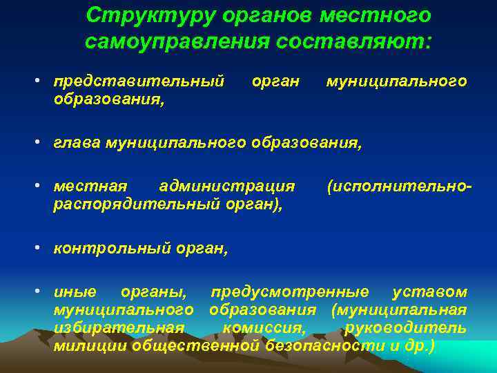  Структуру органов местного самоуправления составляют:  • представительный орган  муниципального  образования,