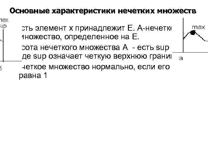 Основные характеристики нечетких множеств Пусть элемент x принадлежит E. А-нечеткое  множество, определенное на