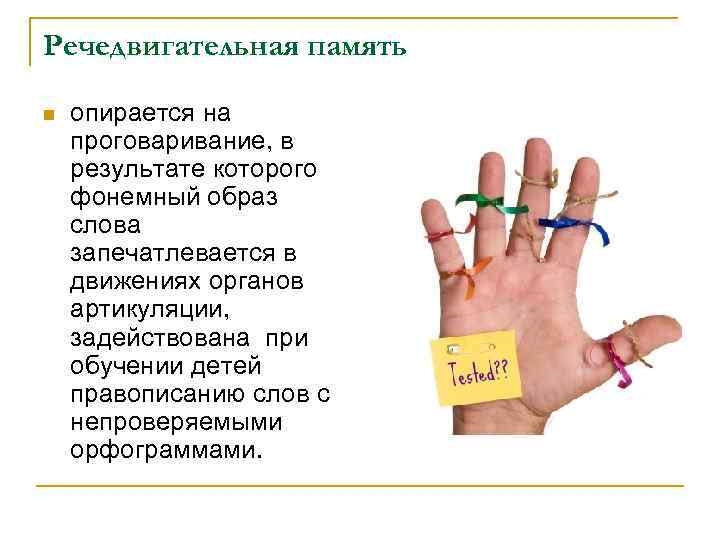 Речедвигательная память n  опирается на проговаривание, в результате которого фонемный образ слова запечатлевается