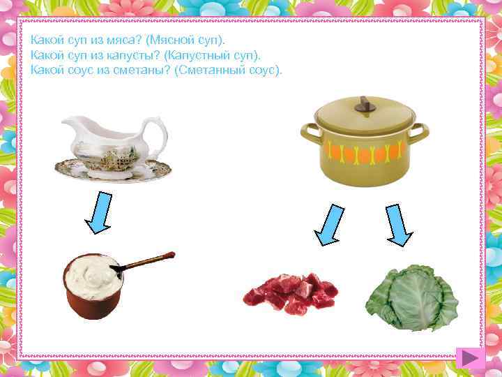 Какой суп из мяса? (Мясной суп). Какой суп из капусты? (Капустный суп). Какой соус