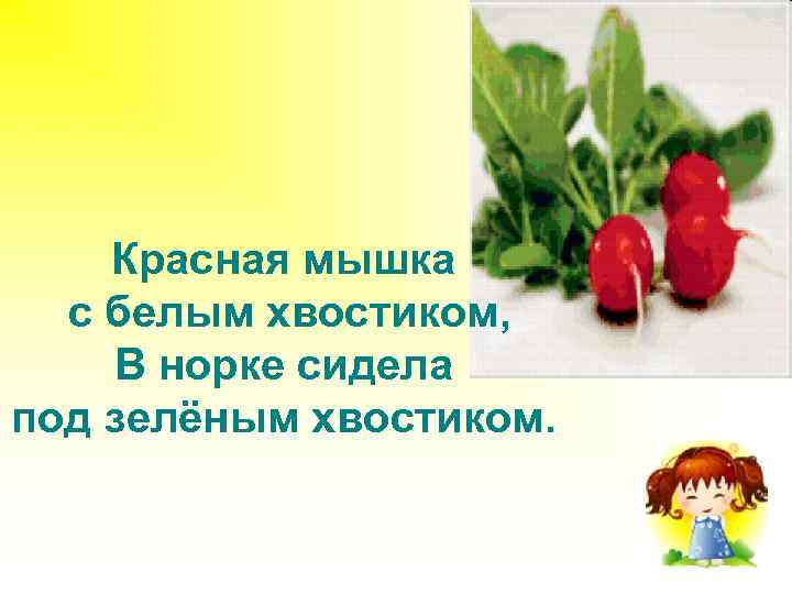    Красная мышка  с белым хвостиком,  В норке сидела под