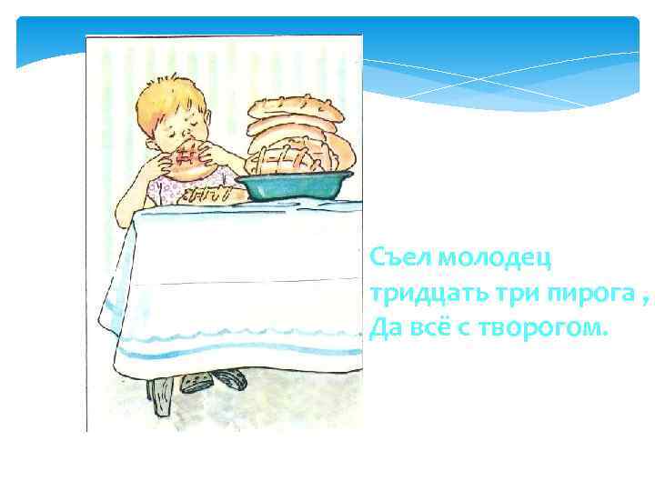 Съел молодец тридцать три пирога , Да всё с творогом. 