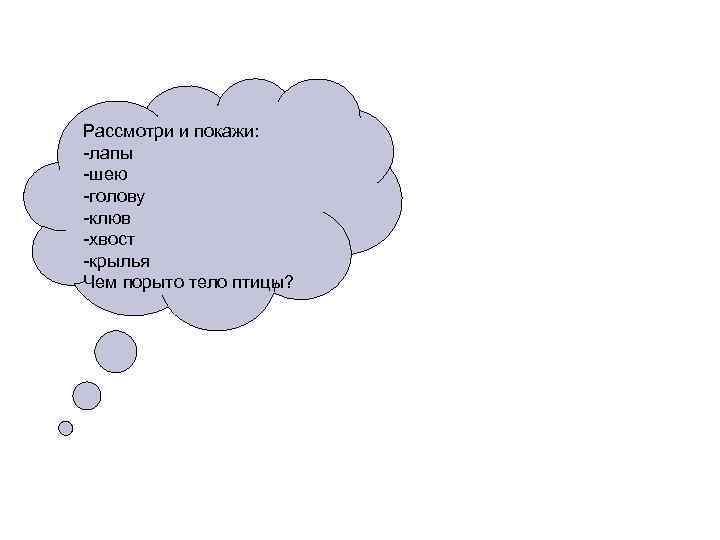 Рассмотри и покажи: -лапы -шею -голову -клюв -хвост -крылья Чем порыто тело птицы? 