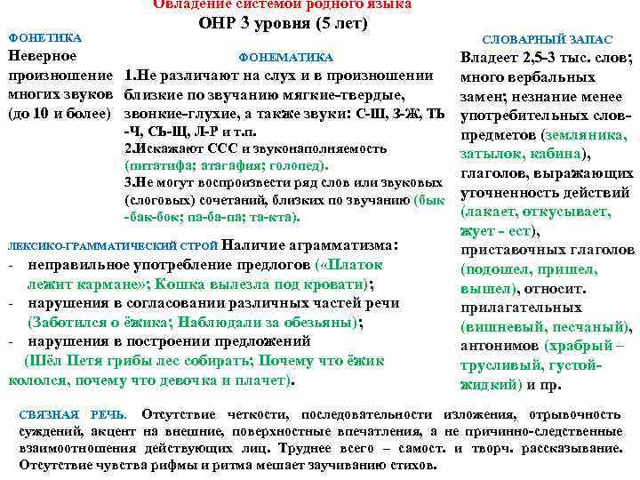     Овладение системой родного языка      ОНР