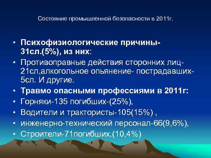  Состояние промышленной безопасности в 2011 г. • Психофизиологические причины-  31 сл. (5%),