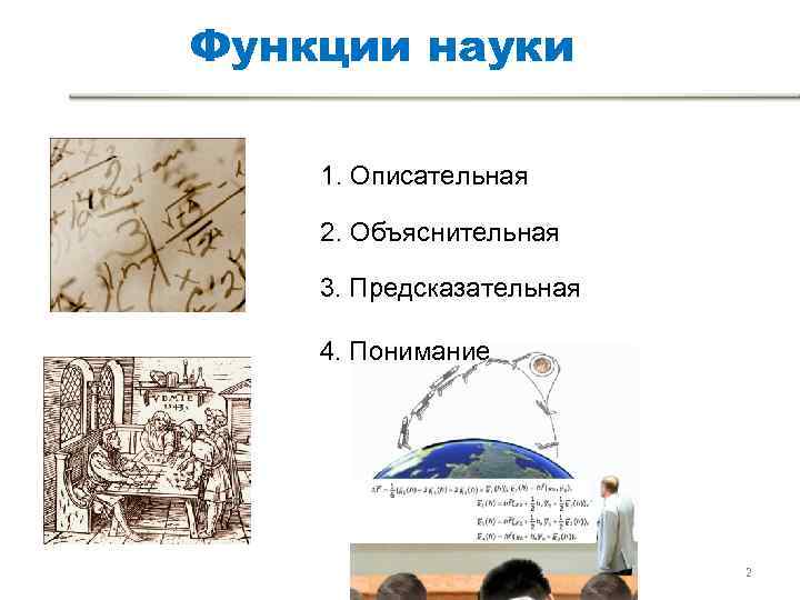 Функции науки 1. Описательная 2. Объяснительная 3. Предсказательная 4. Понимание Функции науки 1. Описательная 2. Объяснительная 3. Предсказательная 4. Понимание