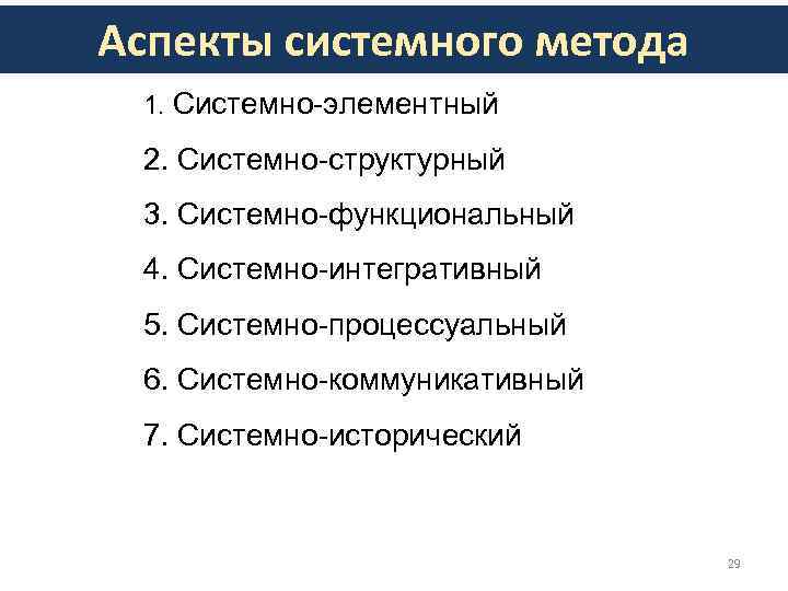 Аспекты системного метода 1. Системно-элементный 2. Системно-структурный 3. Системно-функциональный 4. Системно-интегративный 5. Системно-процессуальный Аспекты системного метода 1. Системно-элементный 2. Системно-структурный 3. Системно-функциональный 4. Системно-интегративный 5. Системно-процессуальный