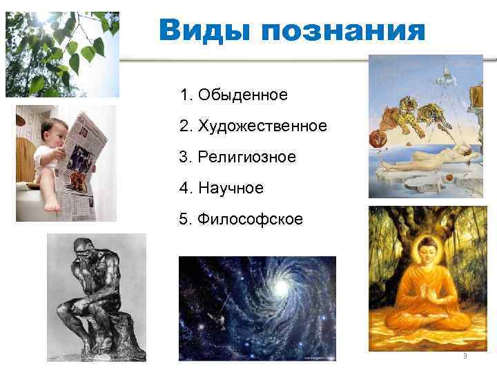 Виды познания 1. Обыденное 2. Художественное 3. Религиозное 4. Научное 5. Философское  
