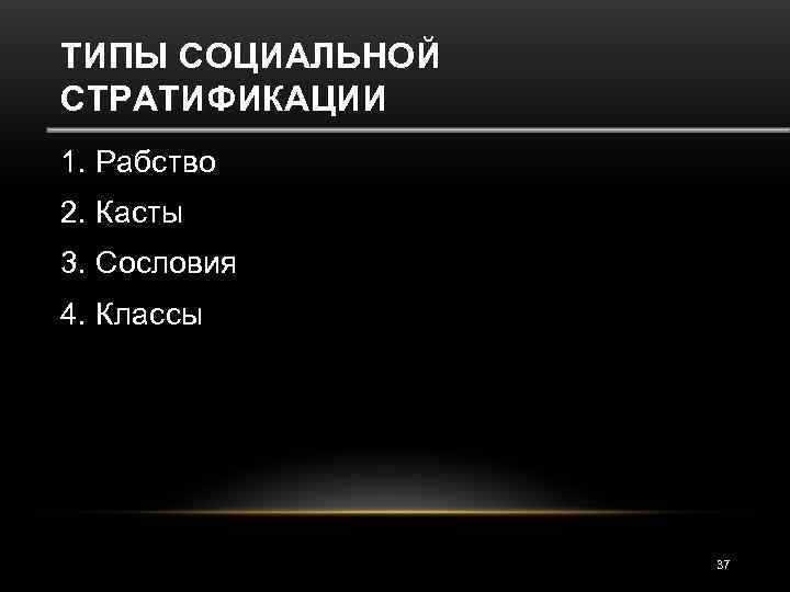 ТИПЫ СОЦИАЛЬНОЙ СТРАТИФИКАЦИИ 1. Рабство 2. Касты 3. Сословия 4. Классы   