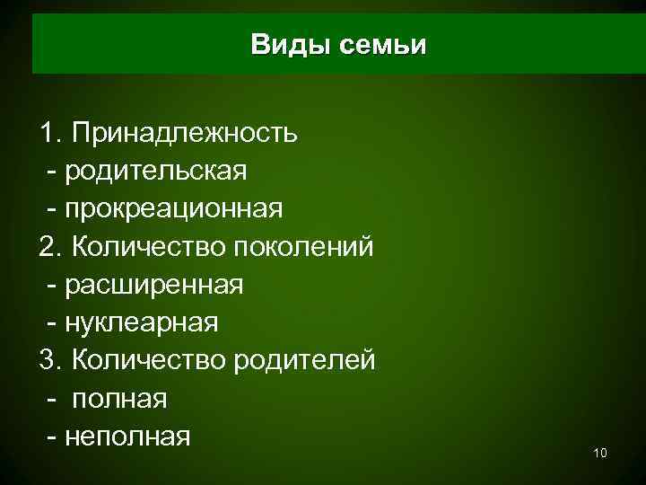    Виды семьи  1. Принадлежность - родительская - прокреационная 2. Количество