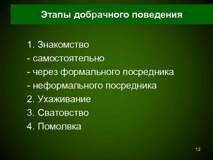  Этапы добрачного поведения  1. Знакомство - самостоятельно - через формального посредника -