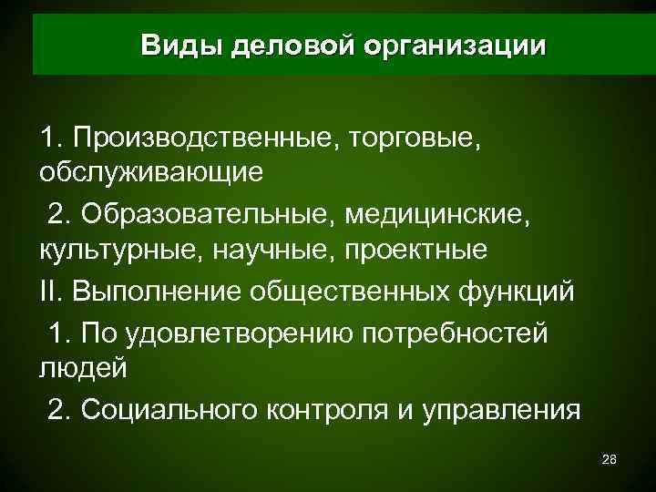  Виды деловой организации  1. Производственные, торговые, обслуживающие 2. Образовательные, медицинские, культурные, научные,