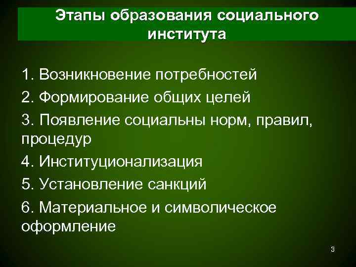   Этапы образования социального    института 1. Возникновение потребностей 2. Формирование