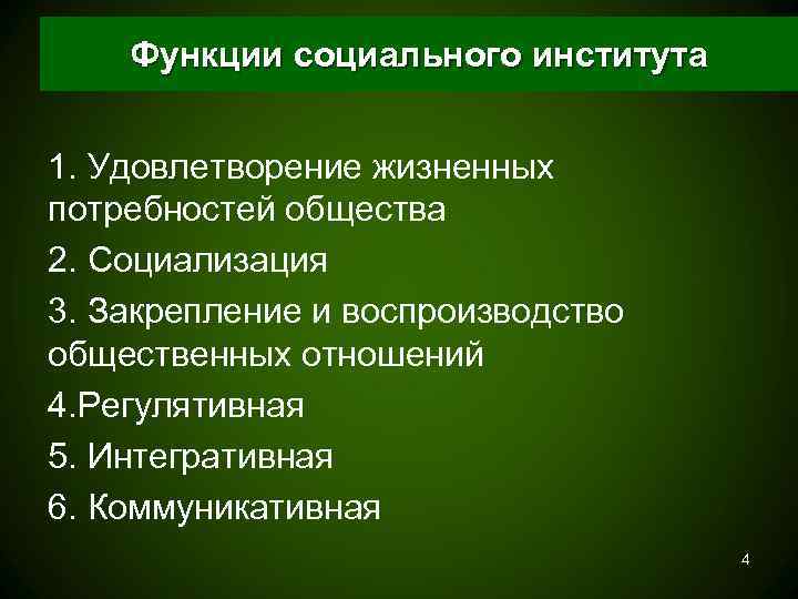   Функции социального института  1. Удовлетворение жизненных потребностей общества 2. Социализация 3.