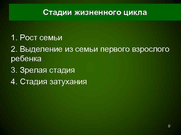   Стадии жизненного цикла  1. Рост семьи 2. Выделение из семьи первого