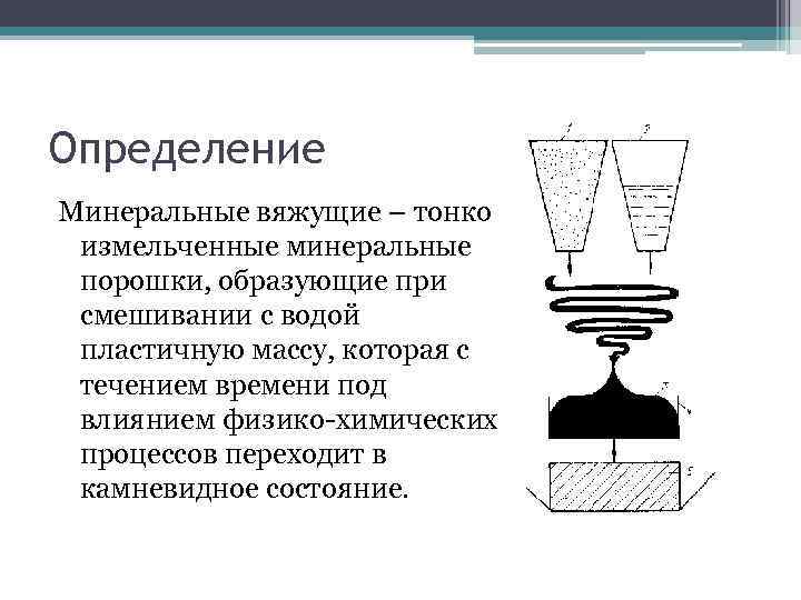 Определение Минеральные вяжущие – тонко измельченные минеральные порошки, образующие при смешивании с водой пластичную Определение Минеральные вяжущие – тонко измельченные минеральные порошки, образующие при смешивании с водой пластичную