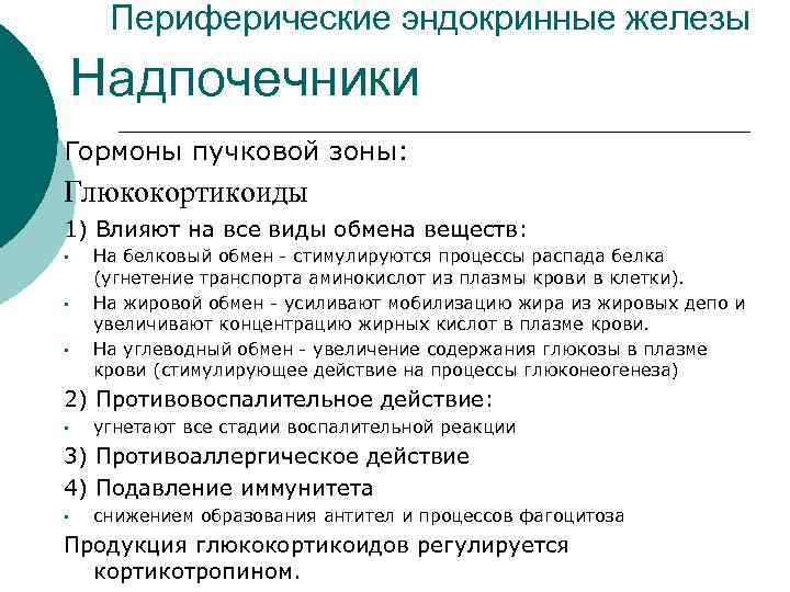  Периферические эндокринные железы Надпочечники Гормоны пучковой зоны: Глюкокортикоиды 1) Влияют на все виды