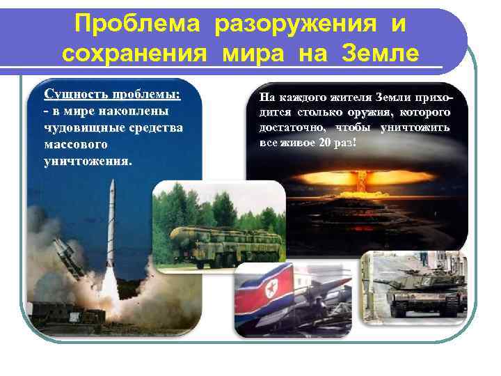   Проблема разоружения и  сохранения мира на Земле Сущность проблемы: На каждого