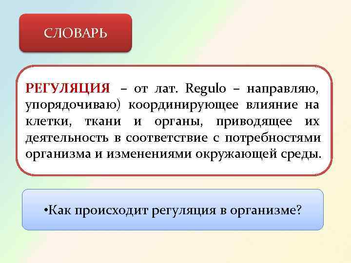  СЛОВАРЬ  РЕГУЛЯЦИЯ – от лат. Regulo – направляю, упорядочиваю) координирующее влияние на