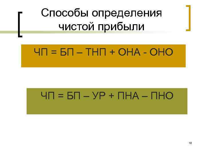 Способы определения чистой прибыли ЧП = БП – ТНП + ОНА - Способы определения чистой прибыли ЧП = БП – ТНП + ОНА -