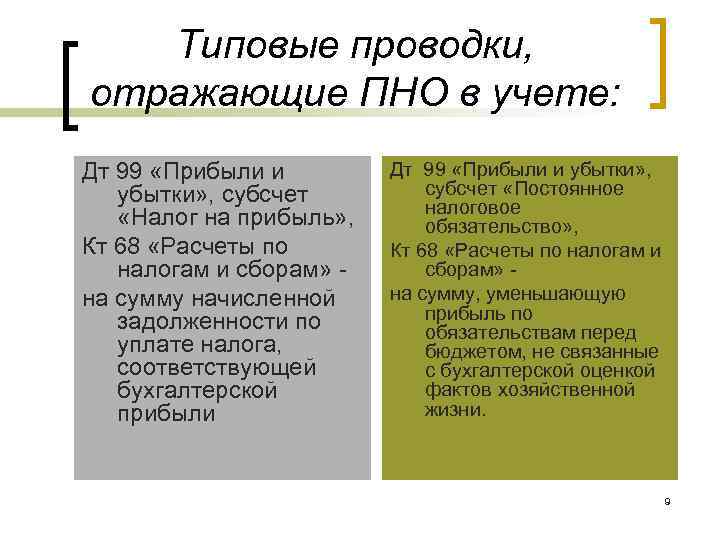 Типовые проводки, отражающие ПНО в учете: Дт 99 «Прибыли и убытки» , Типовые проводки, отражающие ПНО в учете: Дт 99 «Прибыли и убытки» ,