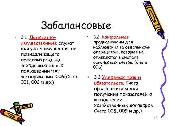 Забалансовые • 3. 1. Депозитно- • 3. 2. Контрольные Забалансовые • 3. 1. Депозитно- • 3. 2. Контрольные