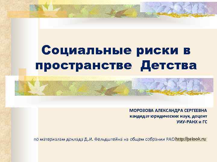  Социальные риски в пространстве Детства     МОРОЗОВА АЛЕКСАНДРА СЕРГЕЕВНА 