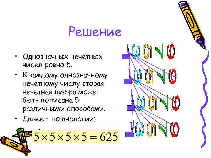    Решение • Однозначных нечётных  чисел ровно 5.  • К