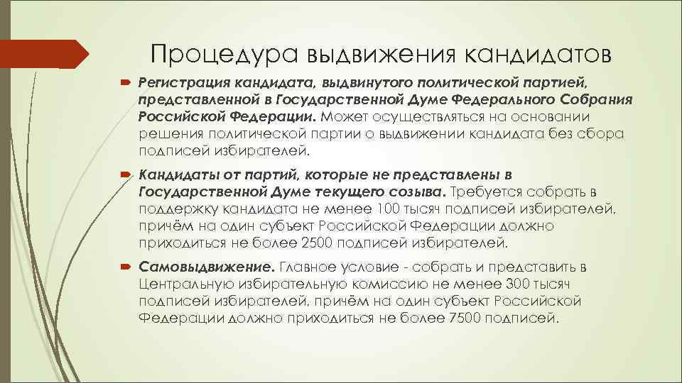   Процедура выдвижения кандидатов  Регистрация кандидата, выдвинутого политической партией,  представленной в