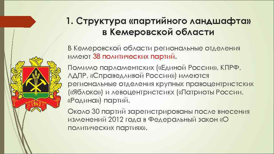 1. Структура «партийного ландшафта»   в Кемеровской области В Кемеровской области региональные отделения